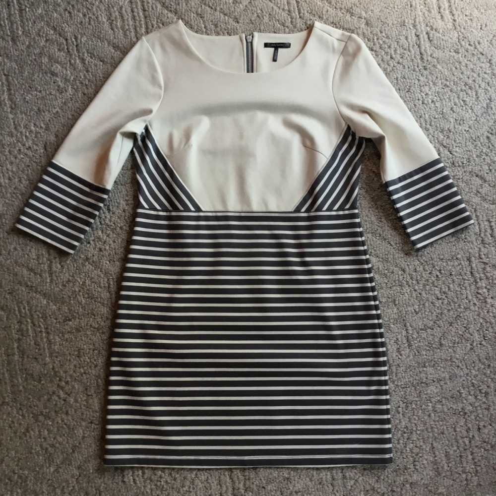 Daisy Fuentes Black & White Striped Sheath Dress - Crew Neck, 3/4 Sleeves